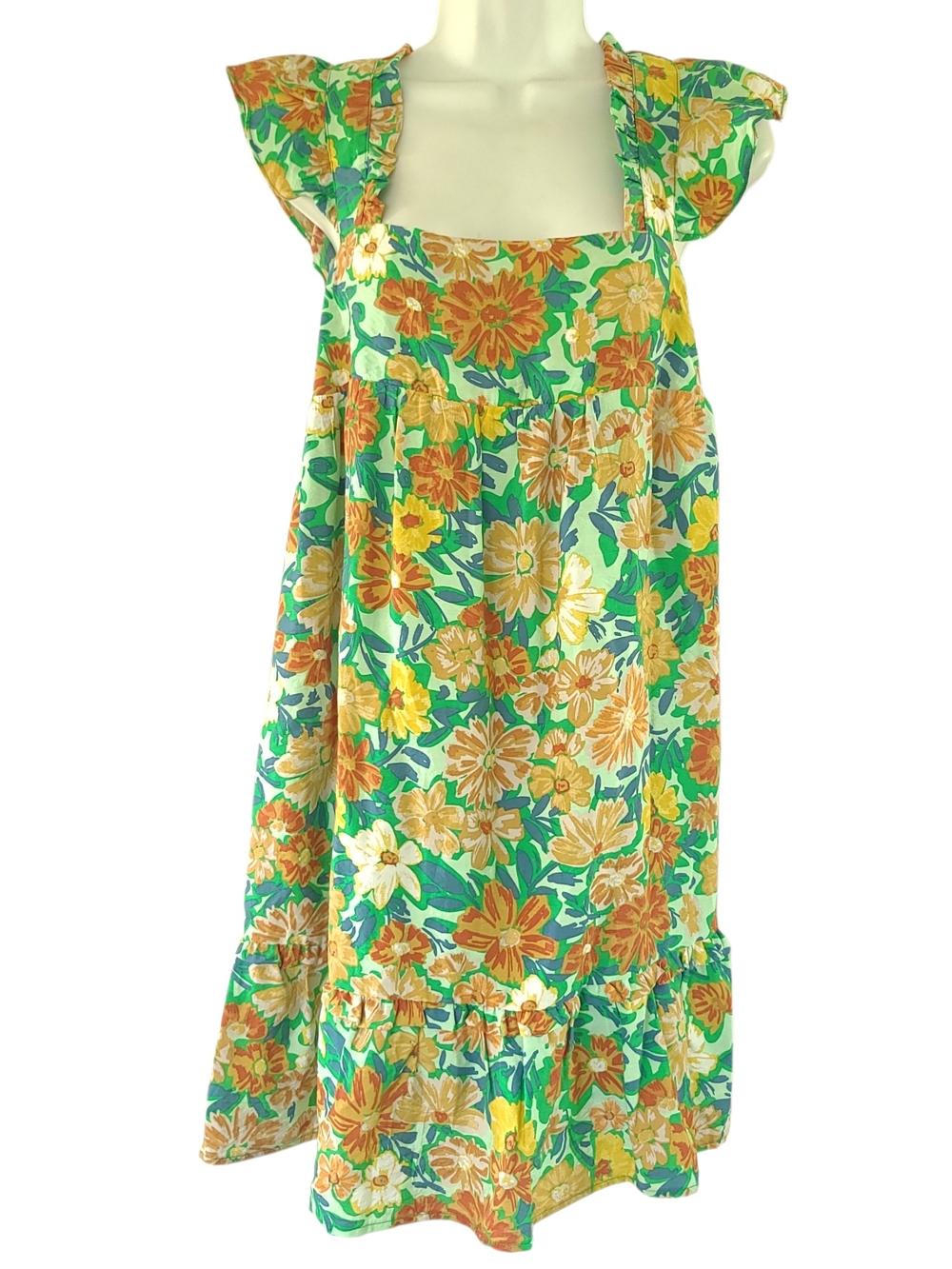 Very J Green Orange Floral Ruffle Summer Sundress Size L Excellent